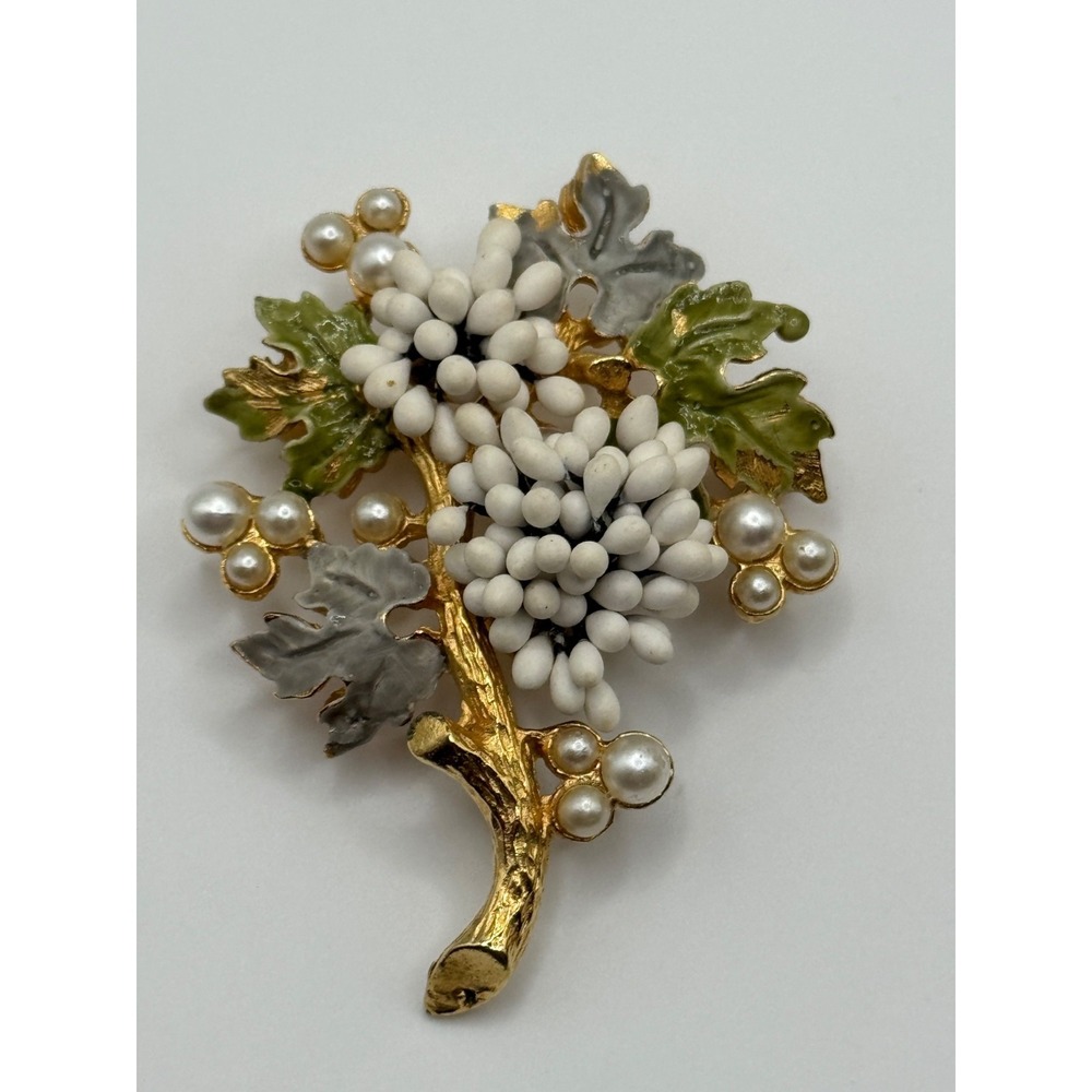 Vintage Florenza Enamel Faux Pearl Grape Cluster Brooch Pin